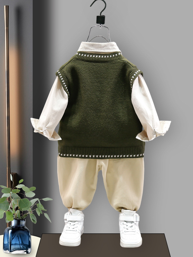4283 traje de ropa de otoño para niños 2023 nuevo estilo occidental Bebé Suéter para niños chaleco camisa conjunto de tres piezas bebé primavera y otoño