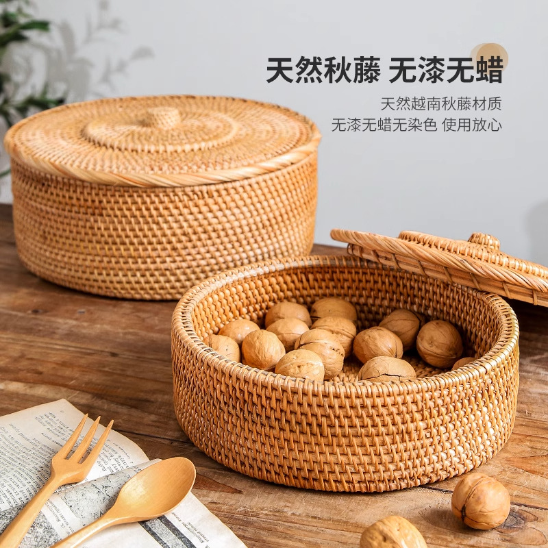 Cesta de almacenamiento de caña tejida de caña cubierta caja de almacenamiento de escritorio caja de pastel de té mesa de té bocadillos de frutas pan al vapor retrógrado sopa