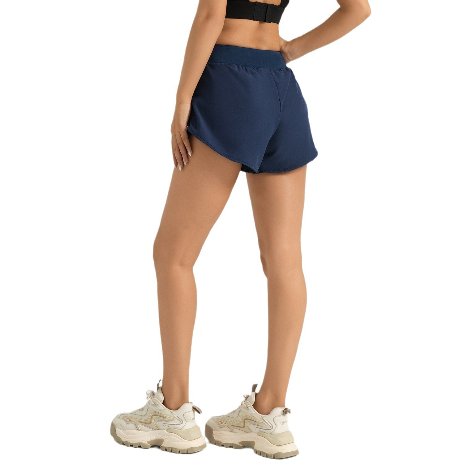 Zona transfronteriza falsa de dos piezas pantalones cortos deportivos para mujeres de bolsillo lateral suelto para correr pantalones cortos delgados de yoga