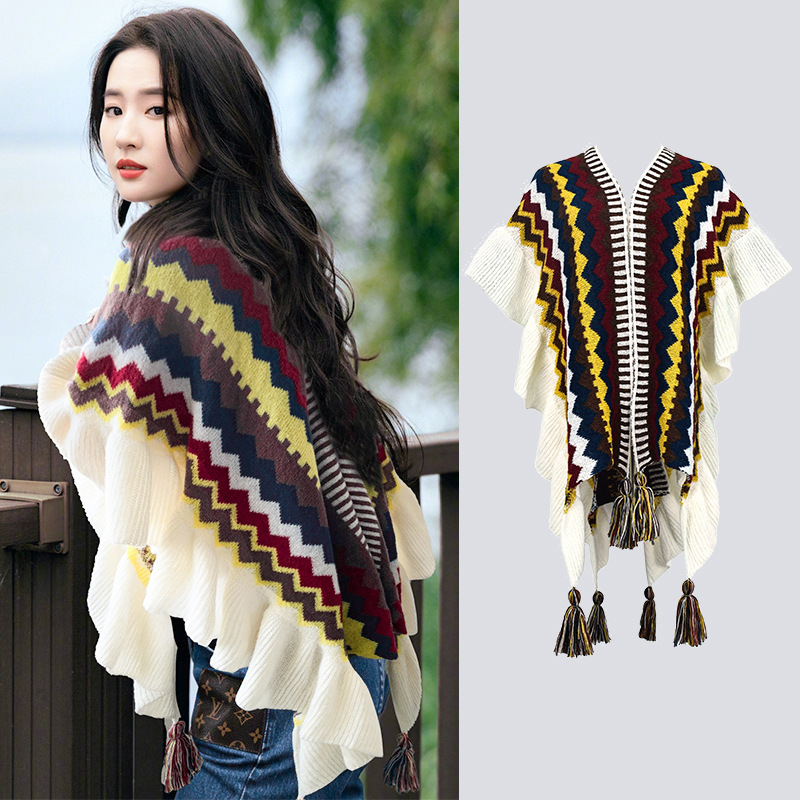 Viaje en el oeste de Sichuan vestido con una capa de chal de peluche de Yunnan Xinjiang de otoño y invierno estilo nacional de punto capa de rayas