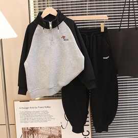 男孩韩系拼色加绒卫衣中大童秋冬新款时尚百搭长袖拉链高领套头衫