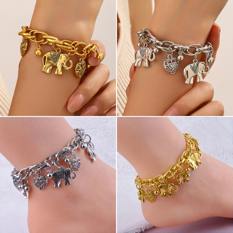 Elephant bracelet and anklet, popular in European and American cross-border markets, vintage carved heart-shaped hollow pendant, adjustable bracelet wholesale Elephant bracelet and anklet, popular in European and American cross-border markets, vintage carved heart-shaped hollow pendant, adjustable bracelet wholesale