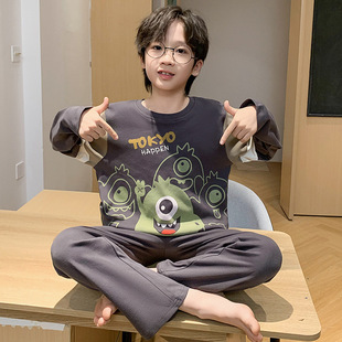 Boys Pajamas Spring and Autumn New Cotton Round Neck Long Sleeve Trousers Boys Cartoon Cute Small and Medium-sized Children's Home Clothes