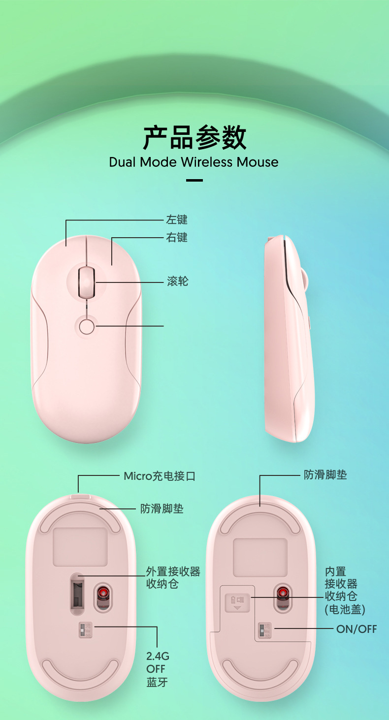 跨境工厂无线鼠标双模蓝牙轻音充电轻巧携带平板电脑通用现货批发