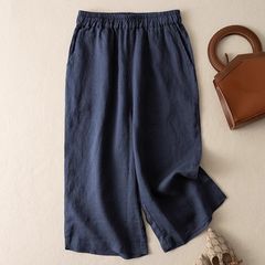 7色無地ルーズレトロカジュアルショートパンツ綿麻七分丈ワイドレッグレディースパンツネイビーブルー