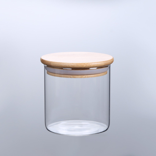 Heat-resistant glass storage jar with bamboo wood lid, sealed jar, storage bottle, spice jar, tea jar, dried fruit jar