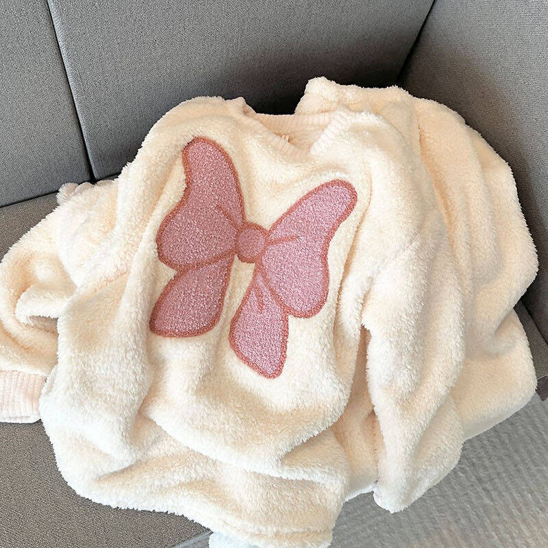 Autumn and Winter Pajamas for Women Ins Style Coral Velvet Half Velvet Towel Embroidered Bow Long-Sleeved Home Wear Set