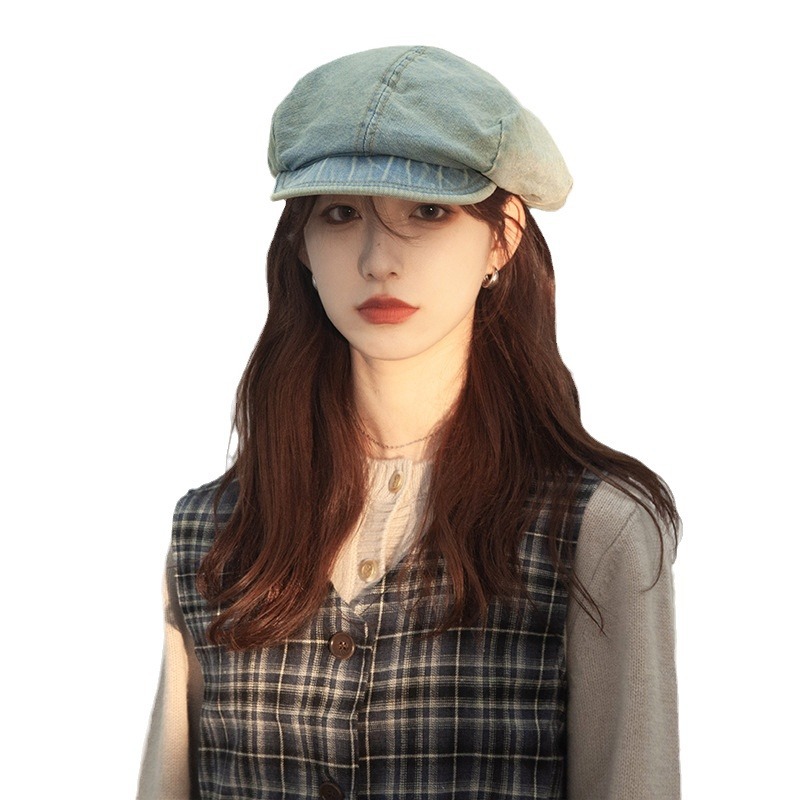 Coreano retro sólido vaquero boina de cabeza grande cara pequeña pintora versátil sombrero de nubes de ocho ángulos sombrero de moda