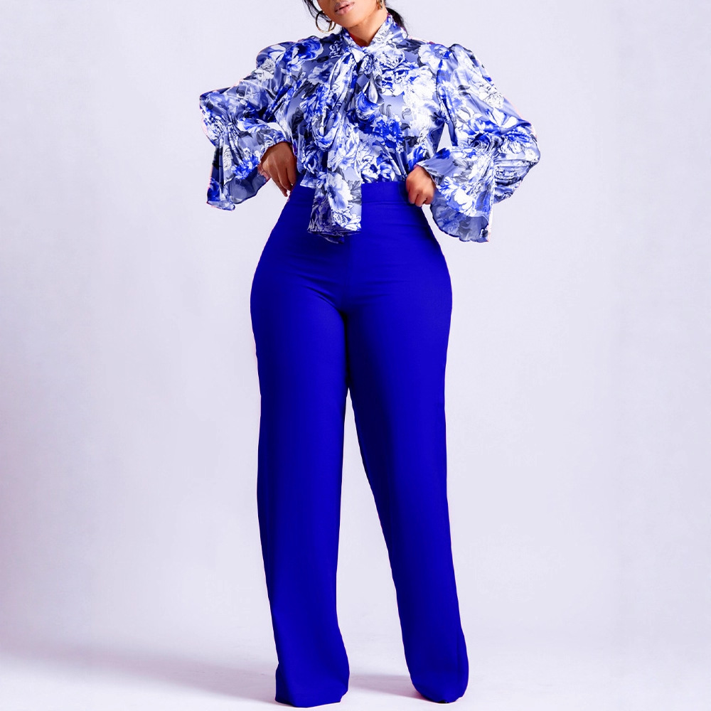 Amazon Cross-Border Export Women's Clothing 2025 Autumn New Fashion Elegant Tie-Neck Top Straight Pants Two-Piece Set