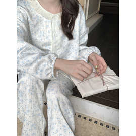 2025韩版海盐蓝小碎花夹层棉花边圆领宽松家居服睡衣套装