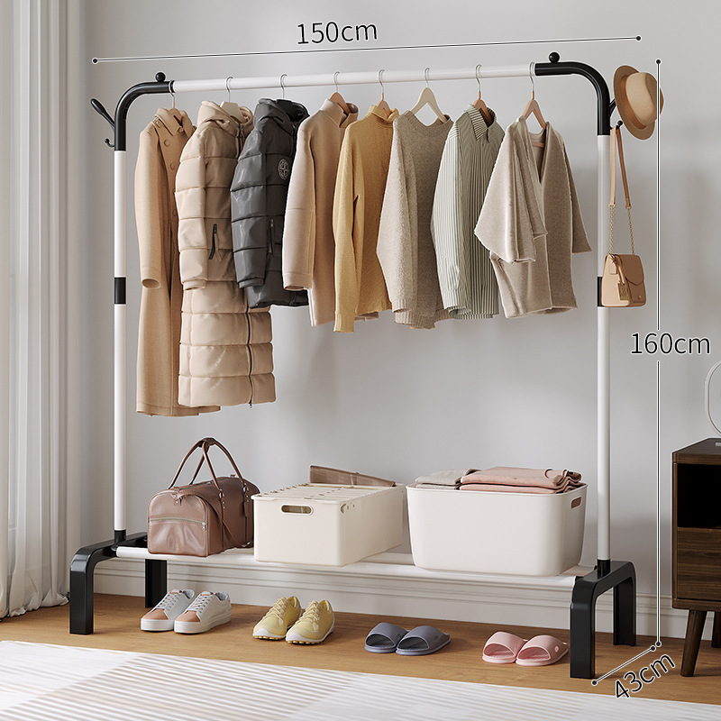 Modelo reforzado de 150 cm de un solo poste en blanco, estante + gancho de ropa