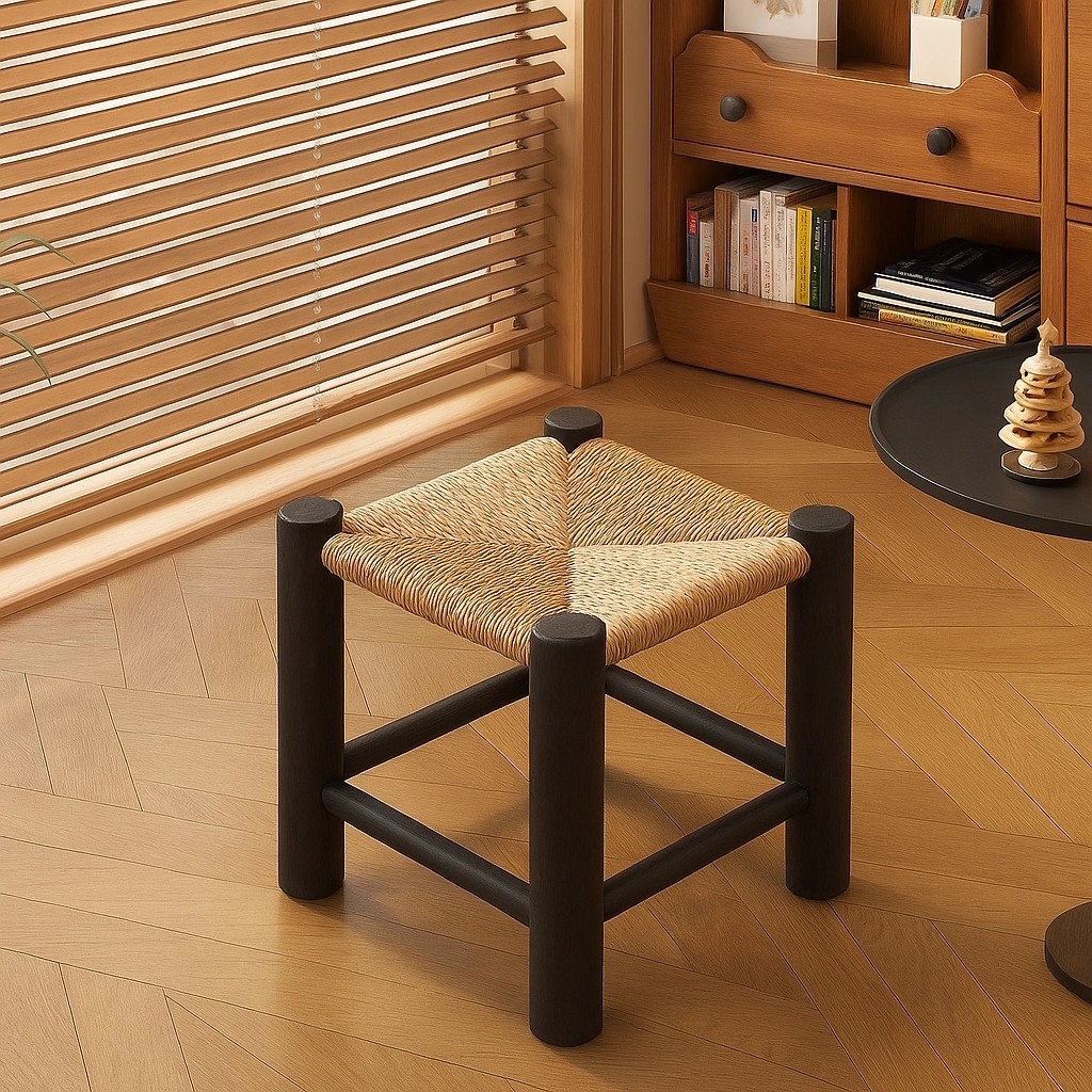 Taburetes de madera maciza para cambiadores de zapatos caseros, taburetes cortos de tela de caña, taburetes retrógrados, taburetes de mesa de té de alto valor de cara