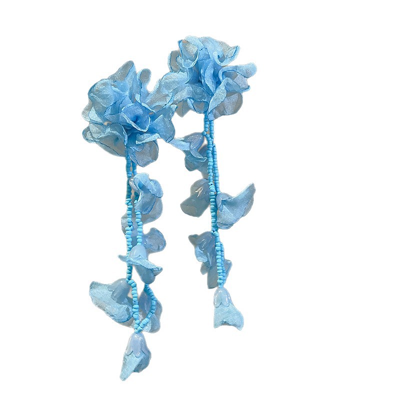 Pendientes de borla de cuentas de arroz de flor de gasa de aguja de plata Pendientes de todo fósforo de estilo de vacaciones Pendientes frescos y dulces para mujer