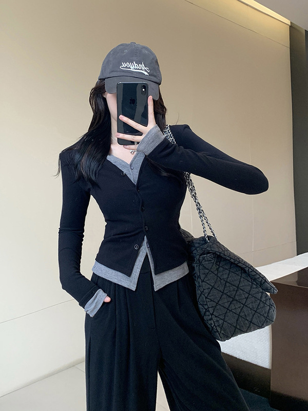 秋季假两件拼接长袖T恤女遮肉修身内搭打底衫温柔风上衣外贸批发|undefined