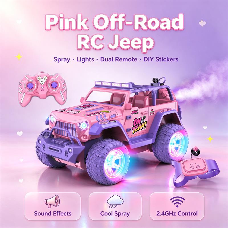 Amazon Tiktok Best-Selling Pink Remote Control Car for Girls with Spray Feature, 2.4g Light-Up Climbing Off-Road Vehicle