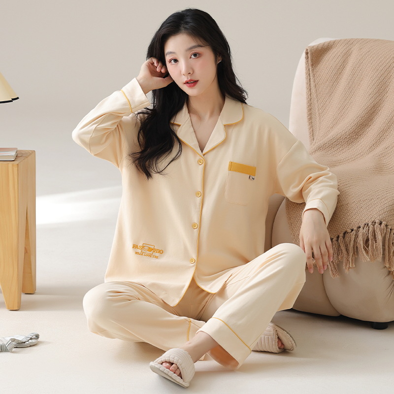 睡衣女士2025秋冬纯棉开衫长袖长裤套装带胸垫一体简约休闲家居服