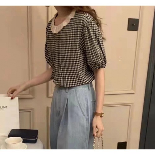 Korean Dongdaemun 2024 Sweet Lace Edge Youthful Bubblesleeve Front and Back Wear Check Shirt for Women
