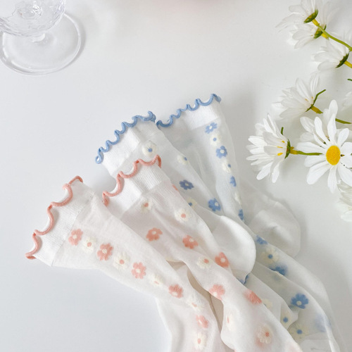 Spring and summer ins trendy thin glass silk daisy mid-calf socks Japanese sweet transparent lolita cassock socks for women