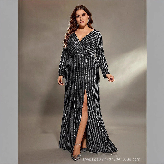V-Neck Evening Dress Plus Size Long Stripesd Sequin Dress Prom Birthday Slit Adult Dress High Waist Long Skirt