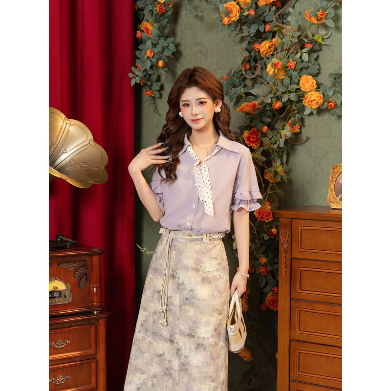 Dayuansad Zhang Jiayuan Silk Scarf Tie Shirt Women's Summer Design Short-Sleeved Shirt # G11828 Dayuansad Zhang Jiayuan Silk Scarf Tie Shirt Women's Summer Design Short-Sleeved Shirt # G11828