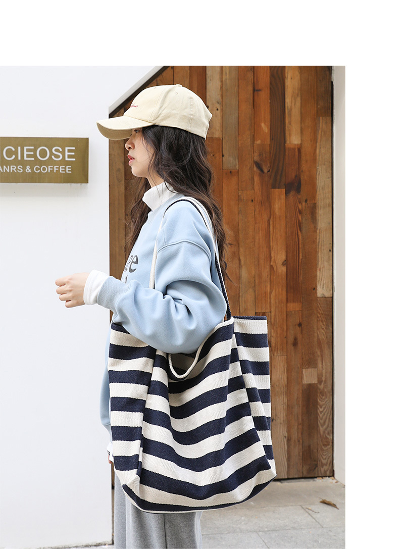 843g Weight Open Closure Type Double Shoulder Straps Strap Type Canvas Bag Bags Type Casual, Holiday Occasion Canvas Material Stripe Pattern All Seasons Season Women's Gender Streetwear Style Large Size Women's Large Canvas Stripe Streetwear Open Canvas Bag 3