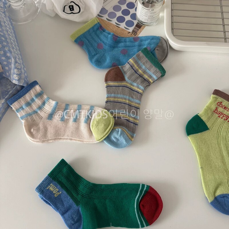 Boys' Socks Spring and Summer Thin Mesh Socks Kidsren's Korean Style Ins Patchwork Stripesd Letter Boys' Sports Cotton Socks