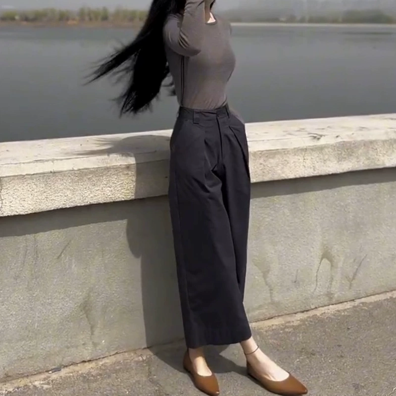 Скрыто-синие ретро-пригородные брюки летние новые тонкие и стильные брюки с высокой талией