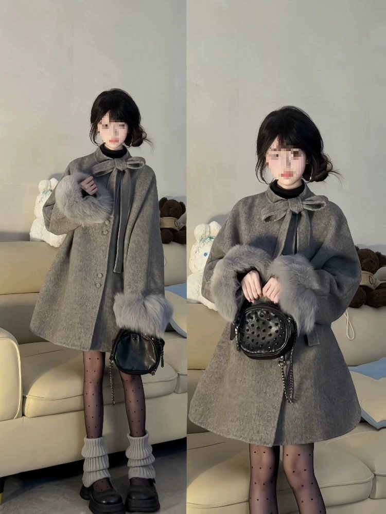 Чувство нового банта серая шерстяная куртка 2024 осенью и зимой шерсть с длинными рукавами женская свободная тонкая куртка
