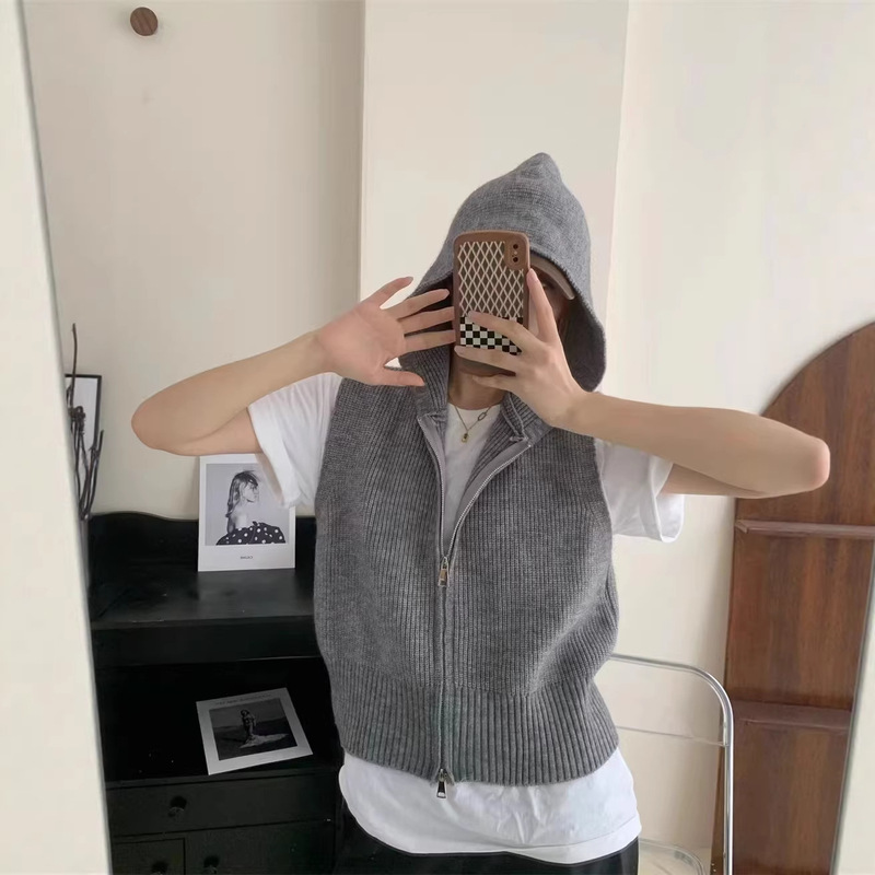 Hooded Vest Knitted Cardigan Zipper Casual Versatile Short Outerwear Loose Simple Candy-Colored Sleeveless Sweater