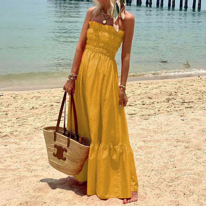 Women's A-line Skirt Tropical Strapless Backless Sleeveless Solid Color Maxi Long Dress Travel Beach display picture 10