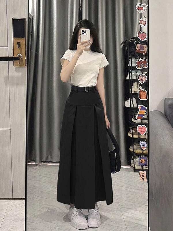 スーツの灰色のa字の傘のスカートの半身のスカートの女性の大きいサイズの太っているmmの春夏の高い腰はやせている中の長いタイプの百のスカートを現します。|undefined