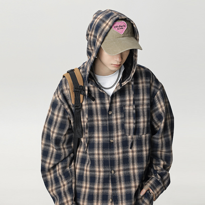 Retro Contrast Plaid Hooded Long-Sleeved Shirt for Men 25 Spring and Summer New American Casual Loose Couple Shirt Jacket
