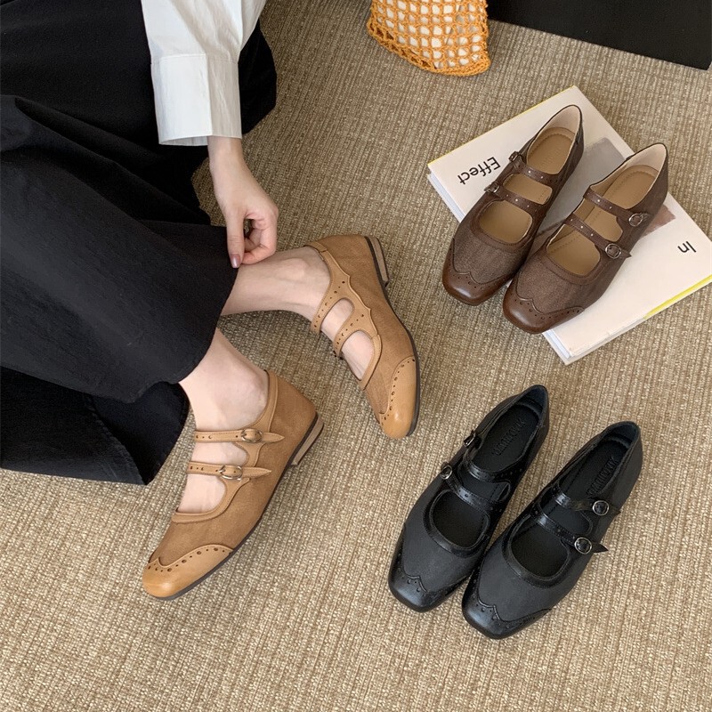 2026 Spring New Korean Style Wooden Heel Small Square Toe Casual Women's Color-Blocked Shoes