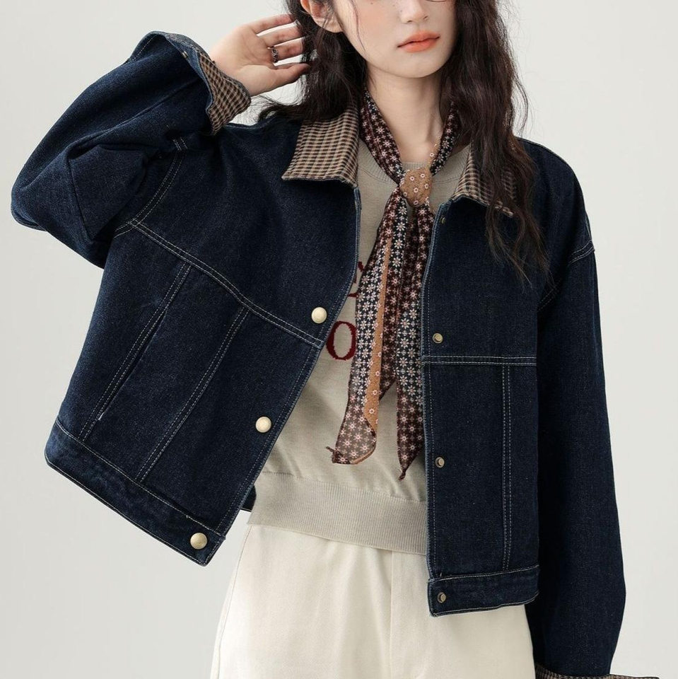 Áo khoác denim nữ ngắn phối caro cổ ve áo tay dài — màu xanh (chất lượng cao)