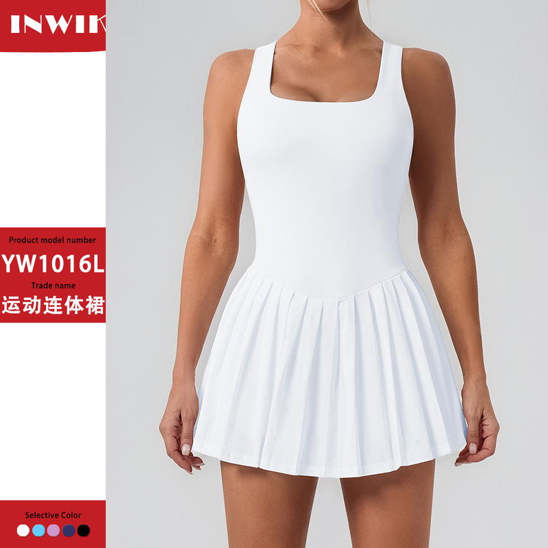 Sleeveless Sports Yoga dress Fitness Fake Two-piece Base Anti-walking Pocket Pleated Skirt Running Tennis Skirt Women