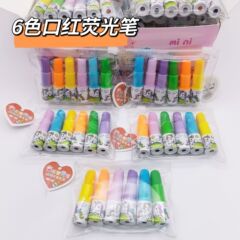 New cartoon student supplies lipstick-shaped fluorescent pens, 6-color cartoon fluorescent highlighters, glitter pens for marking and highlighting