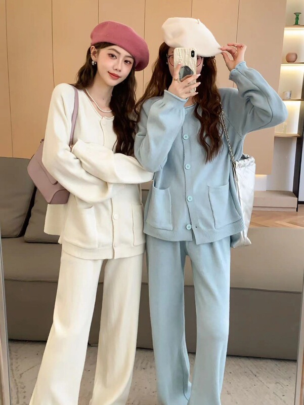 欧美纯色针织衫套装女2025秋冬新款开衫外套阔腿裤两件套日韩休闲|undefined