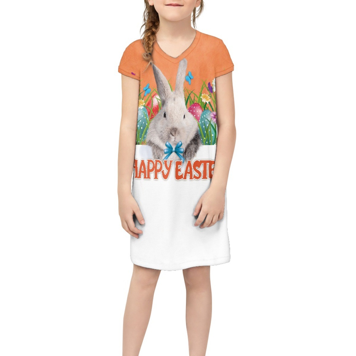 一件订购女童短袖可爱兔子及膝休闲连衣裙女孩裙子童装透气亚马逊