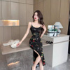 Mesh printed mid length buttock strap dress