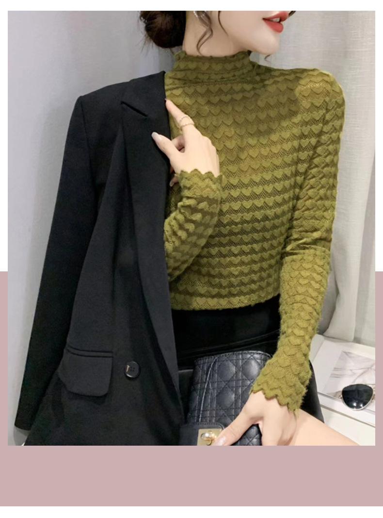 Maglia termica da donna a maniche lunghe con scollo a lupetto e pizzo floccato - Elegante capo da indossare a strati per l'autunno e l'inverno_voghion.com