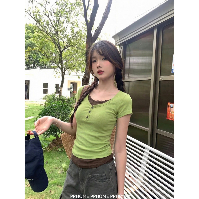 In-Stock French Fine-Threaded Faux Two-Piece Lace Button Round-Neck Short-Sleeve T-Shirt for Women, Waist-Cinching, Slim-Fit, Versatile, and Flattering