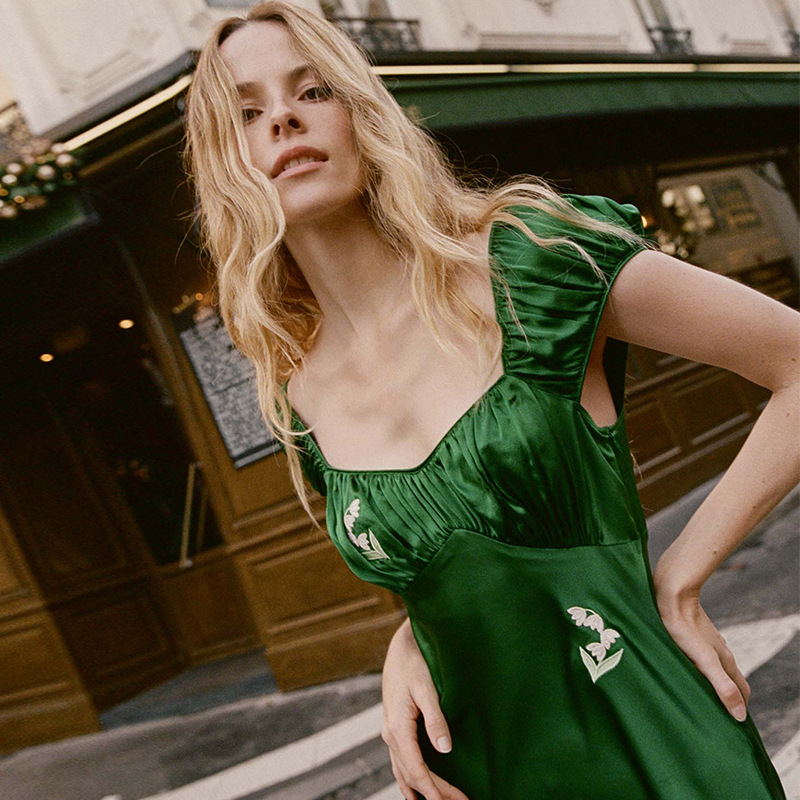 in stock 793 Summer New 2024 Green Square Collar Silk Embroidered Satin Mid-length Slim-fit dress French Style