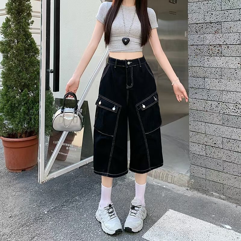 2025 New American Retro Washed Multi-Pocket Cargo Jeans for Women Summer Trendy Brand Wide-Leg Cropped Pants