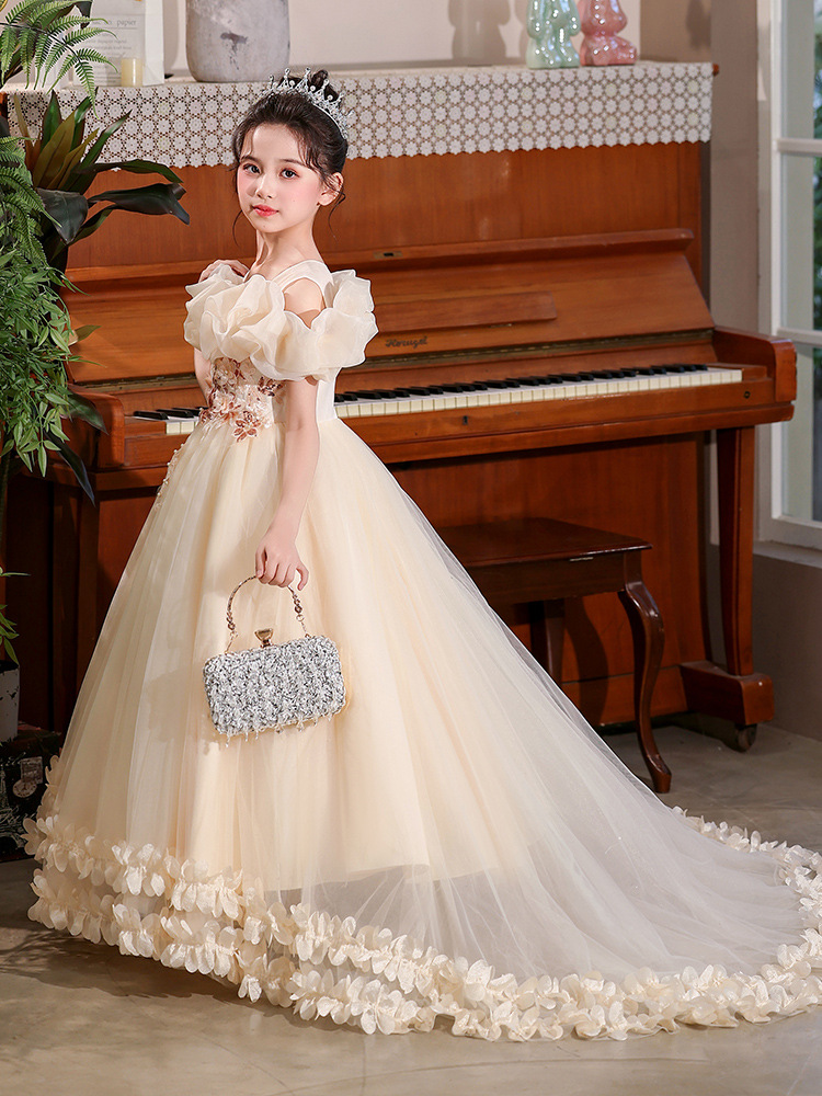Vestido transfronterizo de estilo europeo y americano, vestido de princesa bordado largo de cola para niñas, traje de piano, pasarela, estilo de lujo ligero de alta gama