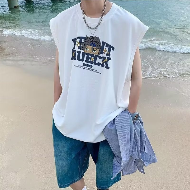 Vest Men's Summer Waistcoat Men's Sleeveless T-shirt Boys Basketball Suit Black American Short-sleeved Top Sports Outer Wear