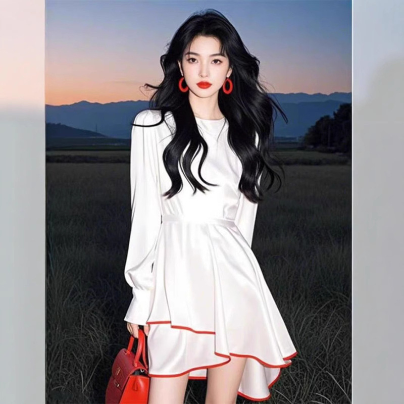 2026 New Trendy Hot-Selling Style for This Year: High-End Outfit for Rich Girls, White Satin Ruffle Dress for Women