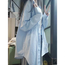 蓝色条纹衬衫女慵懒法式设计薄款防晒衬衣夏季中长款外上衣外套