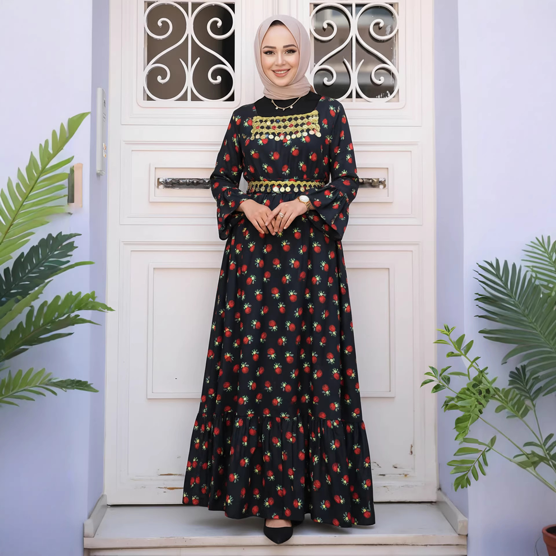 Abito Abaya elegante e comodo, con maniche svasate e design stampato – Abito lungo musulmano modesto (L-4XL, nero) – Dubai Fashion_voghion.com