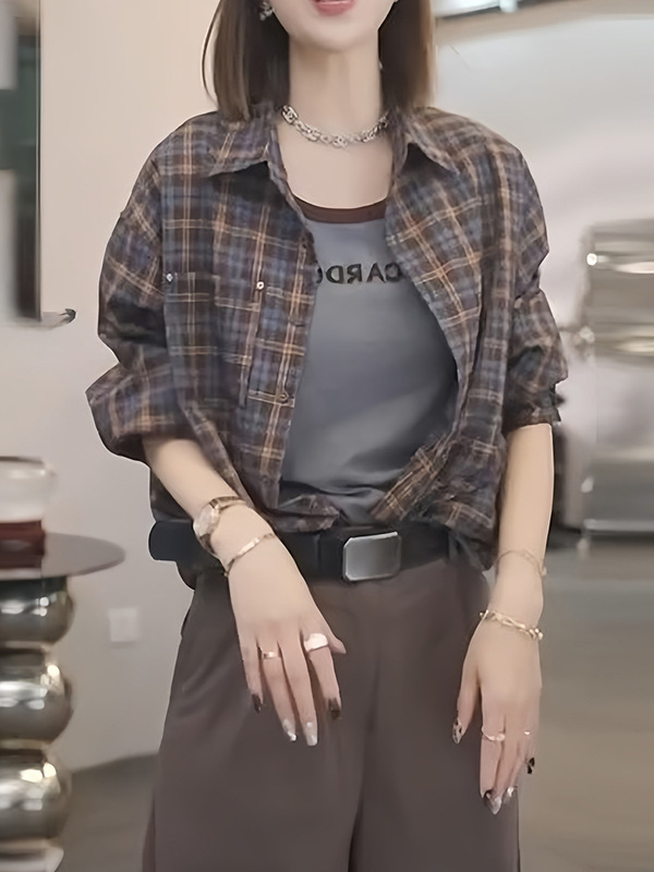 时尚复古高级感格子衬衫女士早秋2025新款气质百搭Polo领长袖衬衣|undefined
