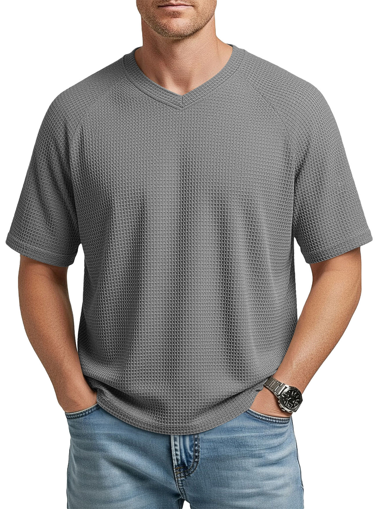 Europa y los Estados Unidos primavera y verano estación independiente transfronteriza hombre moda waffle tejido multifuncional manga de hombro cuello V camiseta de hombre de manga corta